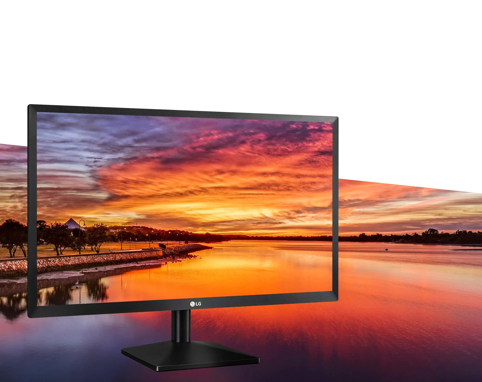 a monitor with a sunset view as screen