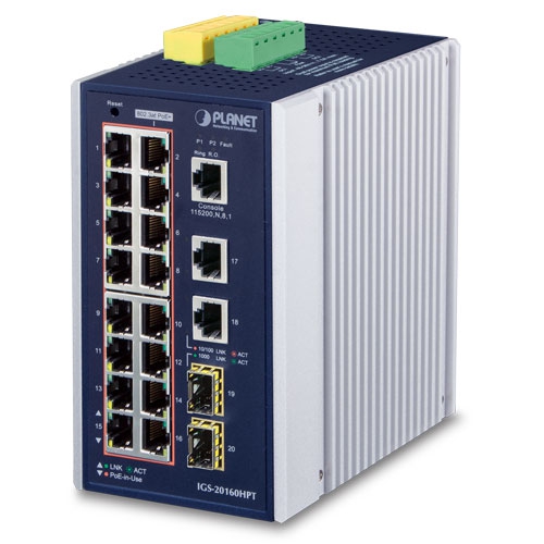 Planet (IGS-20160HPT) Industrial L2+ 16-Port 10/100/1000T 802.3at PoE + 2-Port 10/100/1000T + 2-Port 100/1000X SFP Managed Switch (-40~75 degrees C)