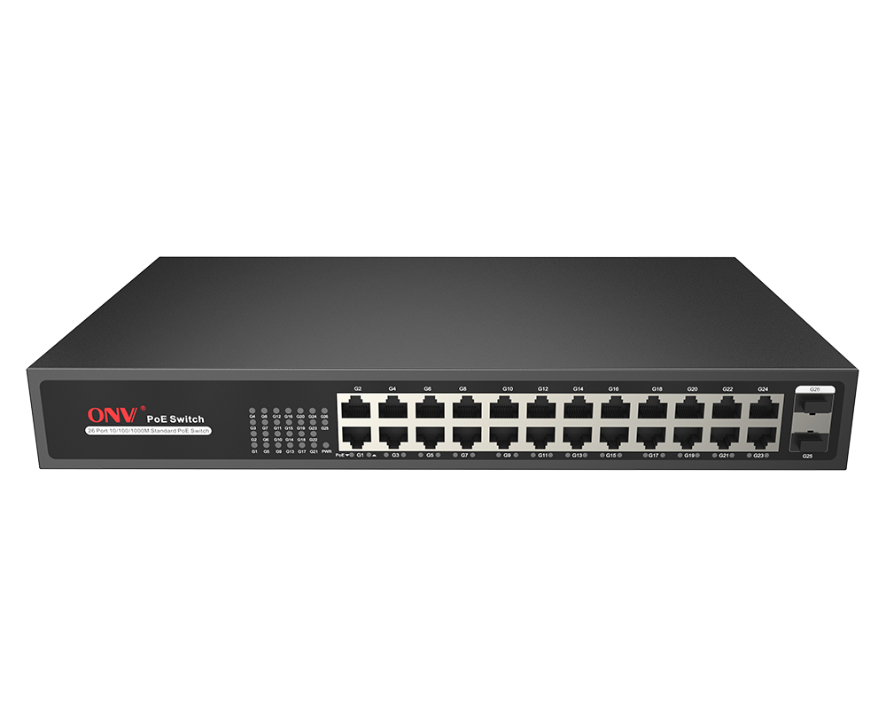 ONV ONV-H3024PF Unmanaged PoE switch with 24*10/100/1000M RJ45 ports and 2*1000M uplink SFP ports. Port 1-24 can support IEEE 802.3 af/at PoE Standard. Built-in 250W power supply. Support 19-inch cabinet installation