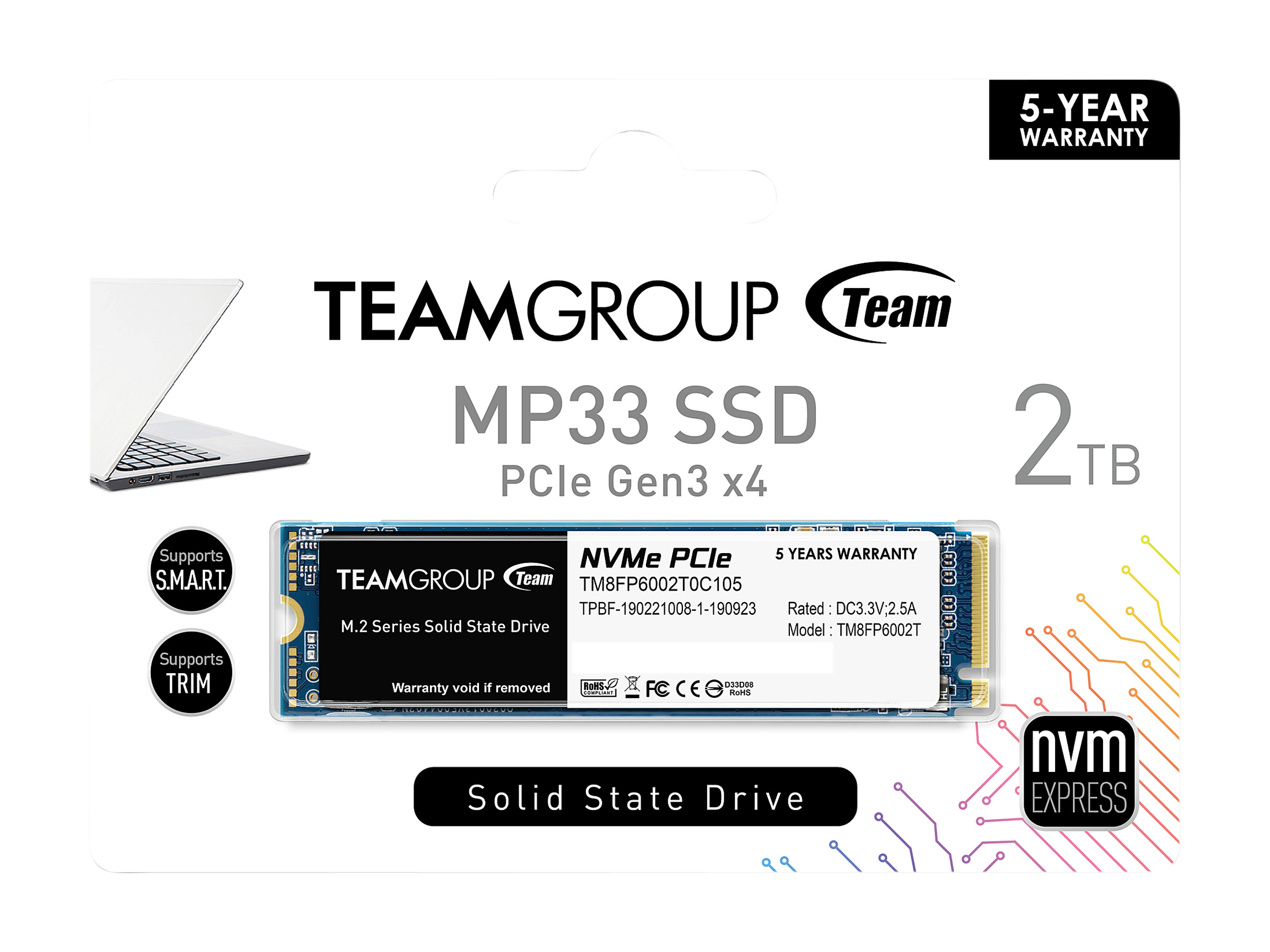 Team Group MP33 M.2 2280 2TB PCIe 3.0 x4 with NVMe 1.3 3D NAND Internal Solid State Drive (SSD) TM8FP6002T0C101