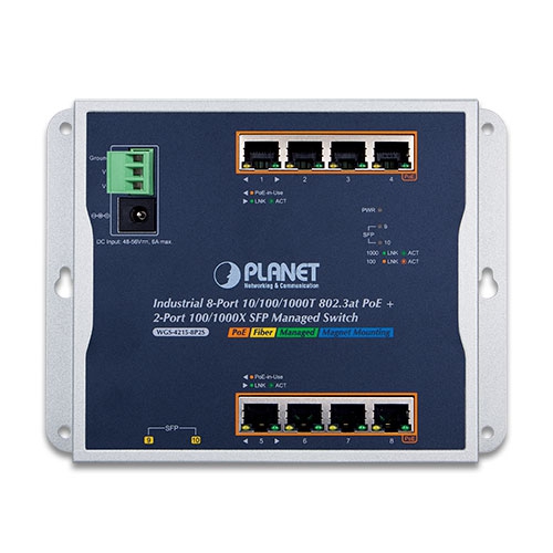 Planet Industrial (WGS-4215-8P2S) 8-Port 10/100/1000T 802.3at PoE + 2-Port 100/1000X SFP Wall-mount Managed Switch (-40~75 degrees C)